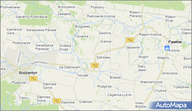mapa Szerzawy gmina Pawłów, Szerzawy gmina Pawłów na mapie Targeo