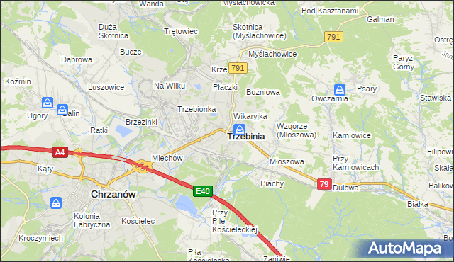 mapa Trzebinia powiat chrzanowski, Trzebinia powiat chrzanowski na mapie Targeo