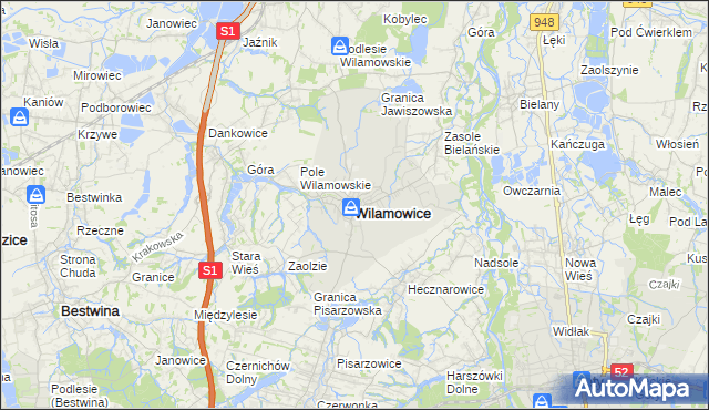 mapa Wilamowice powiat bielski, Wilamowice powiat bielski na mapie Targeo