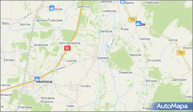 mapa Zawada gmina Kłomnice, Zawada gmina Kłomnice na mapie Targeo