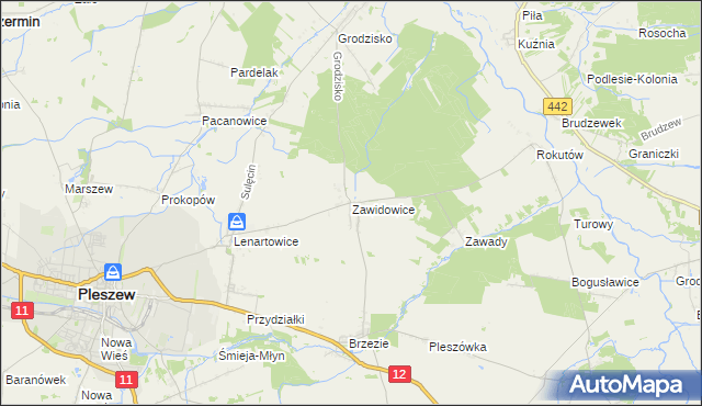 mapa Zawidowice gmina Pleszew, Zawidowice gmina Pleszew na mapie Targeo