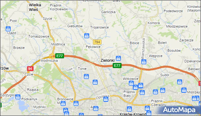 mapa Zielonki powiat krakowski, Zielonki powiat krakowski na mapie Targeo