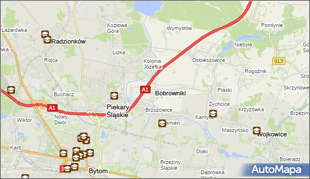 mapa Bobrowniki powiat będziński, Bobrowniki powiat będziński na mapie Targeo