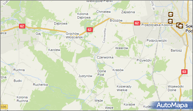 mapa Czerwonka gmina Sokołów Podlaski, Czerwonka gmina Sokołów Podlaski na mapie Targeo