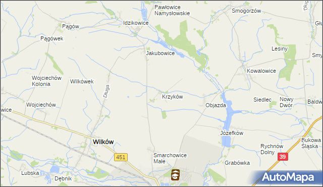 mapa Krzyków gmina Wilków, Krzyków gmina Wilków na mapie Targeo