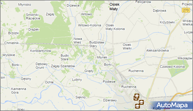 mapa Młynek gmina Osiek Mały, Młynek gmina Osiek Mały na mapie Targeo