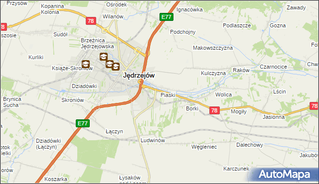 mapa Piaski gmina Jędrzejów, Piaski gmina Jędrzejów na mapie Targeo
