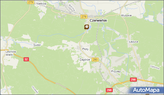 mapa Płoty gmina Czerwieńsk, Płoty gmina Czerwieńsk na mapie Targeo