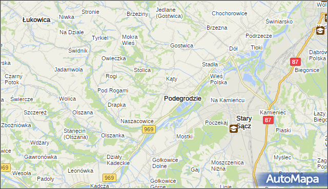 mapa Podegrodzie powiat nowosądecki, Podegrodzie powiat nowosądecki na mapie Targeo