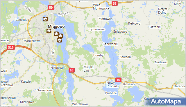 mapa Poręby gmina Mrągowo, Poręby gmina Mrągowo na mapie Targeo