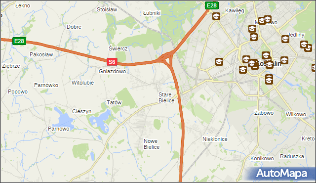 mapa Stare Bielice gmina Biesiekierz, Stare Bielice gmina Biesiekierz na mapie Targeo