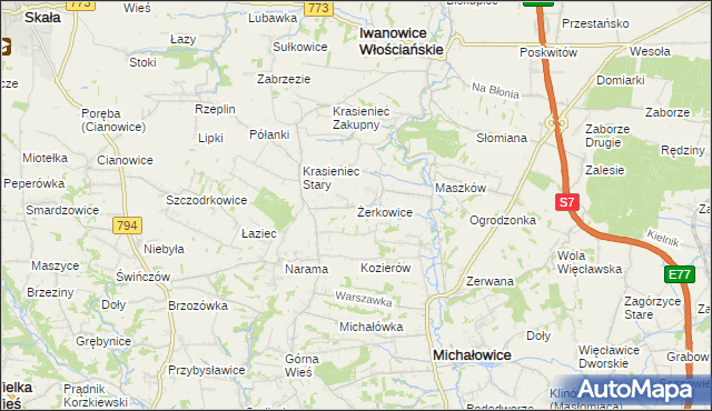 mapa Żerkowice gmina Iwanowice, Żerkowice gmina Iwanowice na mapie Targeo