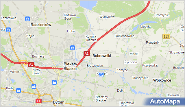 mapa Bobrowniki powiat będziński, Bobrowniki powiat będziński na mapie Targeo