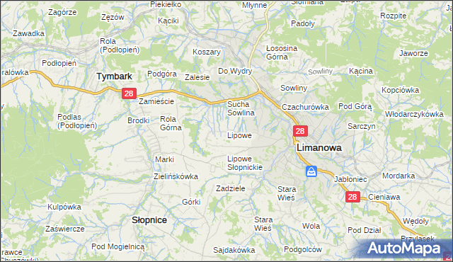 mapa Lipowe gmina Limanowa, Lipowe gmina Limanowa na mapie Targeo