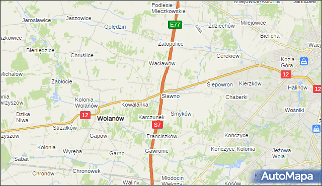 mapa Sławno gmina Wolanów, Sławno gmina Wolanów na mapie Targeo
