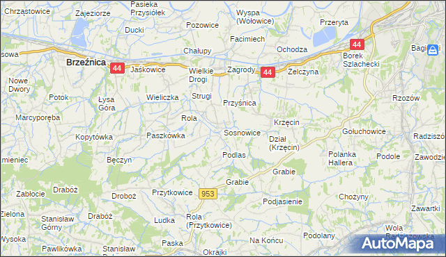 mapa Sosnowice gmina Brzeźnica, Sosnowice gmina Brzeźnica na mapie Targeo