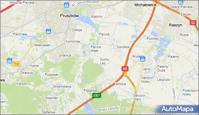 mapa Suchy Las gmina Michałowice, Suchy Las gmina Michałowice na mapie Targeo