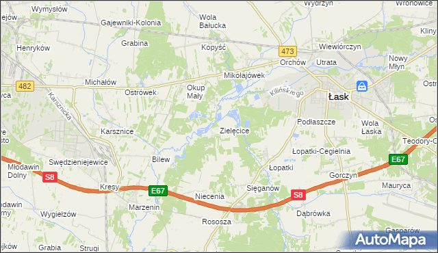 mapa Zielęcice gmina Łask, Zielęcice gmina Łask na mapie Targeo