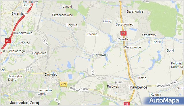 mapa Krzyżowice gmina Pawłowice, Krzyżowice gmina Pawłowice na mapie Targeo