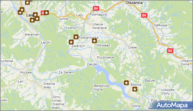 mapa Myczkowce, Myczkowce na mapie Targeo