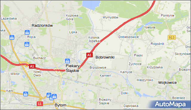 mapa Bobrowniki powiat będziński, Bobrowniki powiat będziński na mapie Targeo