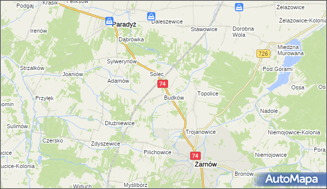 mapa Budków gmina Żarnów, Budków gmina Żarnów na mapie Targeo