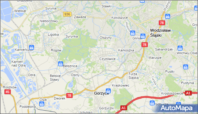 mapa Czyżowice gmina Gorzyce, Czyżowice gmina Gorzyce na mapie Targeo