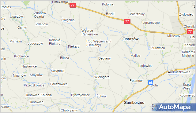 mapa Dębiany gmina Obrazów, Dębiany gmina Obrazów na mapie Targeo