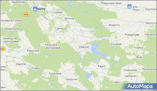 mapa Dzięcioły gmina Brzeziny, Dzięcioły gmina Brzeziny na mapie Targeo