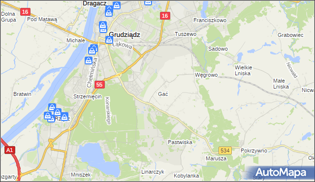 mapa Gać gmina Grudziądz, Gać gmina Grudziądz na mapie Targeo