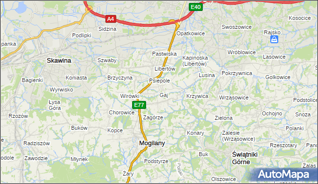 mapa Gaj gmina Mogilany, Gaj gmina Mogilany na mapie Targeo