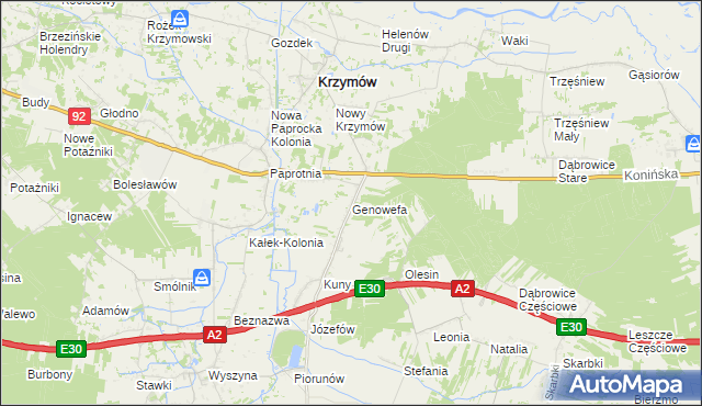 mapa Genowefa gmina Krzymów, Genowefa gmina Krzymów na mapie Targeo
