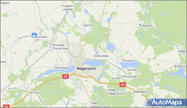 mapa Gościsław gmina Węgorzyno, Gościsław gmina Węgorzyno na mapie Targeo