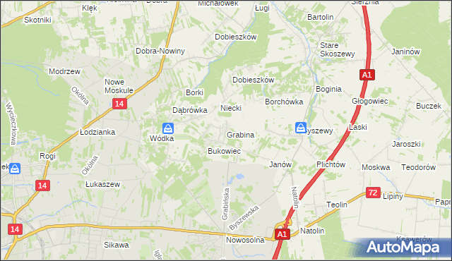 mapa Grabina gmina Nowosolna, Grabina gmina Nowosolna na mapie Targeo