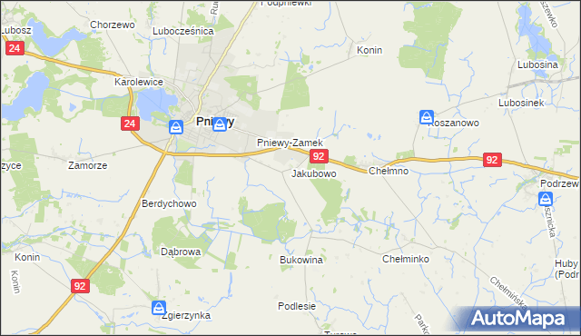 mapa Jakubowo gmina Pniewy, Jakubowo gmina Pniewy na mapie Targeo