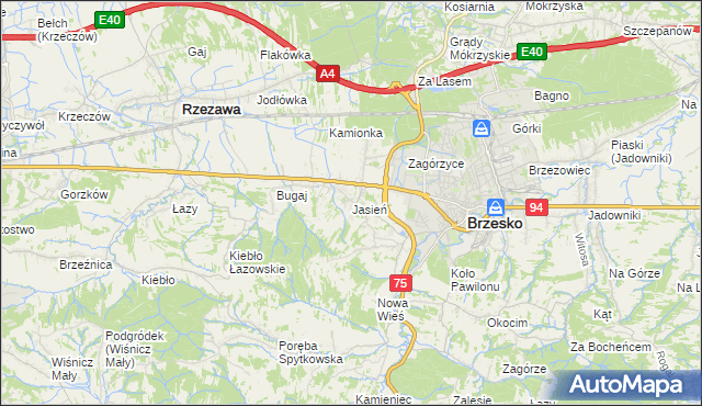 mapa Jasień gmina Brzesko, Jasień gmina Brzesko na mapie Targeo
