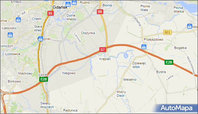 mapa Krępiec gmina Pruszcz Gdański, Krępiec gmina Pruszcz Gdański na mapie Targeo
