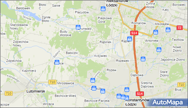 mapa Krzywiec gmina Aleksandrów Łódzki, Krzywiec gmina Aleksandrów Łódzki na mapie Targeo