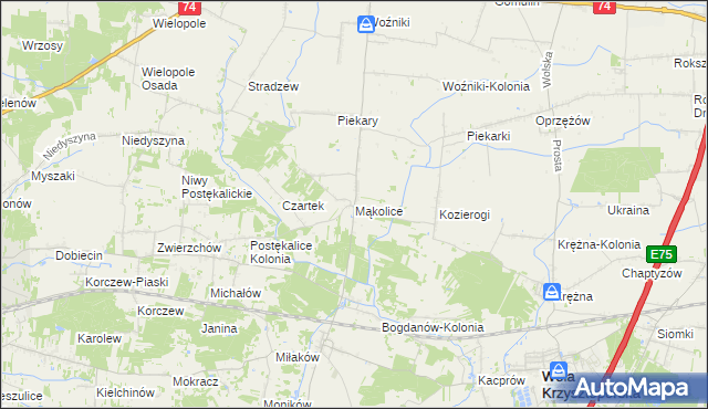 mapa Mąkolice gmina Wola Krzysztoporska, Mąkolice gmina Wola Krzysztoporska na mapie Targeo