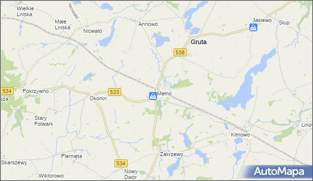 mapa Mełno gmina Gruta, Mełno gmina Gruta na mapie Targeo