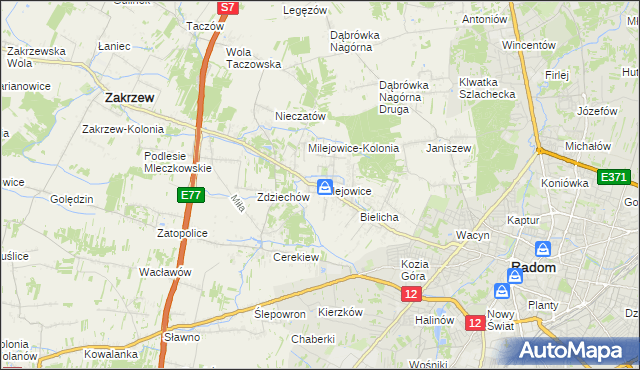mapa Milejowice gmina Zakrzew, Milejowice gmina Zakrzew na mapie Targeo