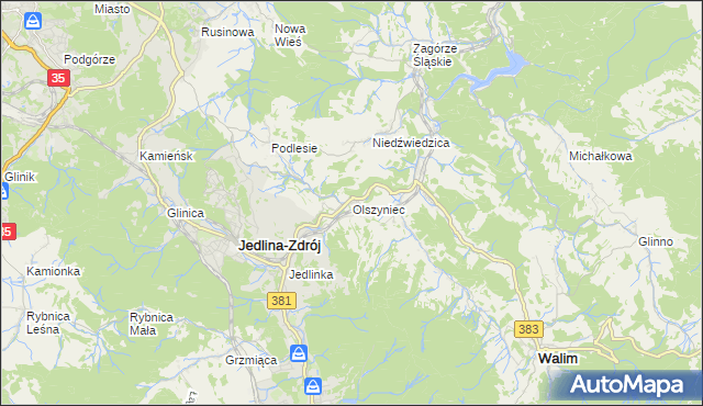 mapa Olszyniec gmina Walim, Olszyniec gmina Walim na mapie Targeo