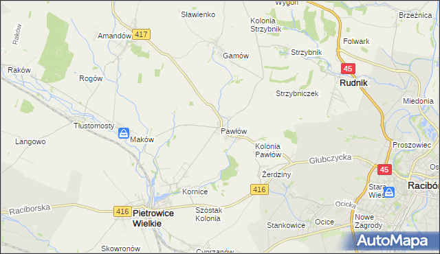 mapa Pawłów gmina Pietrowice Wielkie, Pawłów gmina Pietrowice Wielkie na mapie Targeo