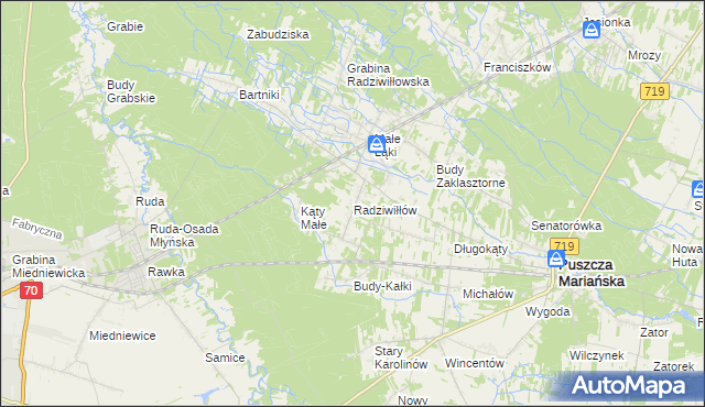 mapa Radziwiłłów gmina Puszcza Mariańska, Radziwiłłów gmina Puszcza Mariańska na mapie Targeo