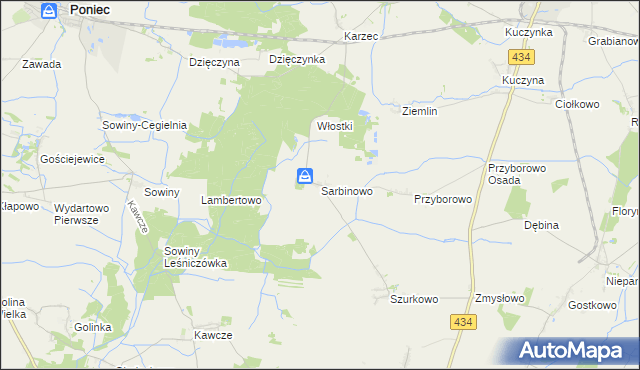 mapa Sarbinowo gmina Poniec, Sarbinowo gmina Poniec na mapie Targeo