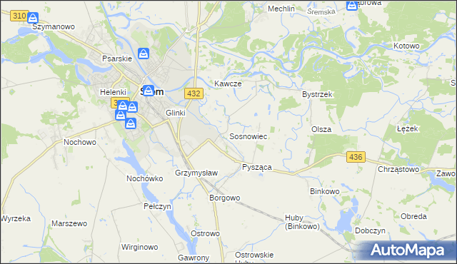 mapa Sosnowiec gmina Śrem, Sosnowiec gmina Śrem na mapie Targeo