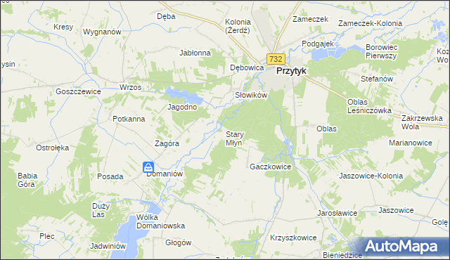 mapa Stary Młyn gmina Przytyk, Stary Młyn gmina Przytyk na mapie Targeo