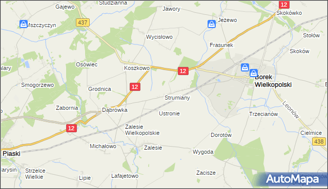 mapa Strumiany gmina Borek Wielkopolski, Strumiany gmina Borek Wielkopolski na mapie Targeo