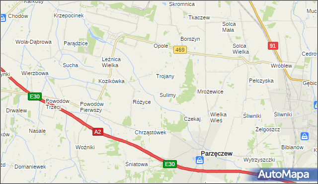 mapa Sulimy gmina Parzęczew, Sulimy gmina Parzęczew na mapie Targeo