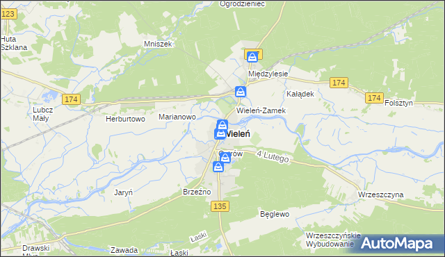 mapa Wieleń powiat czarnkowsko-trzcianecki, Wieleń powiat czarnkowsko-trzcianecki na mapie Targeo